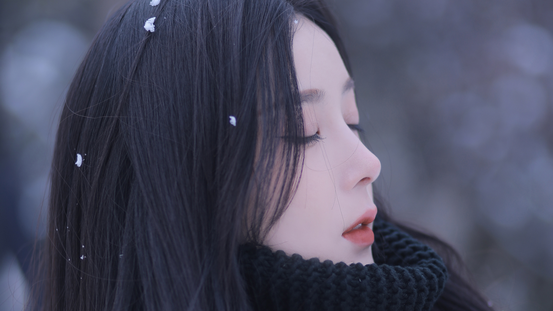 雪 冬天 美女围巾 闭眼美女唯美壁纸