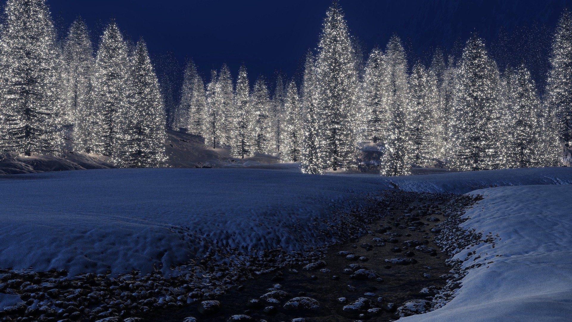圣诞树，灯，雪，冬天，小溪流水，风景桌面壁纸