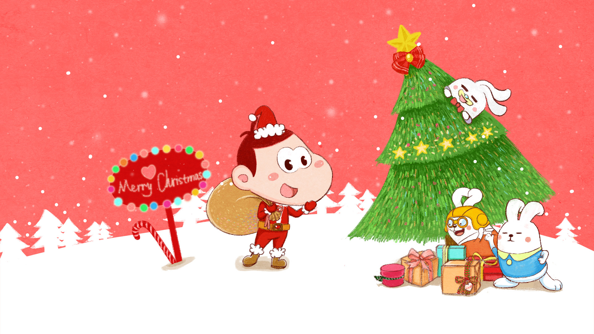圣诞节Merry Christmas,圣诞树,圣诞老人,礼物,下雪,兔子,萌,可爱,阿U壁纸