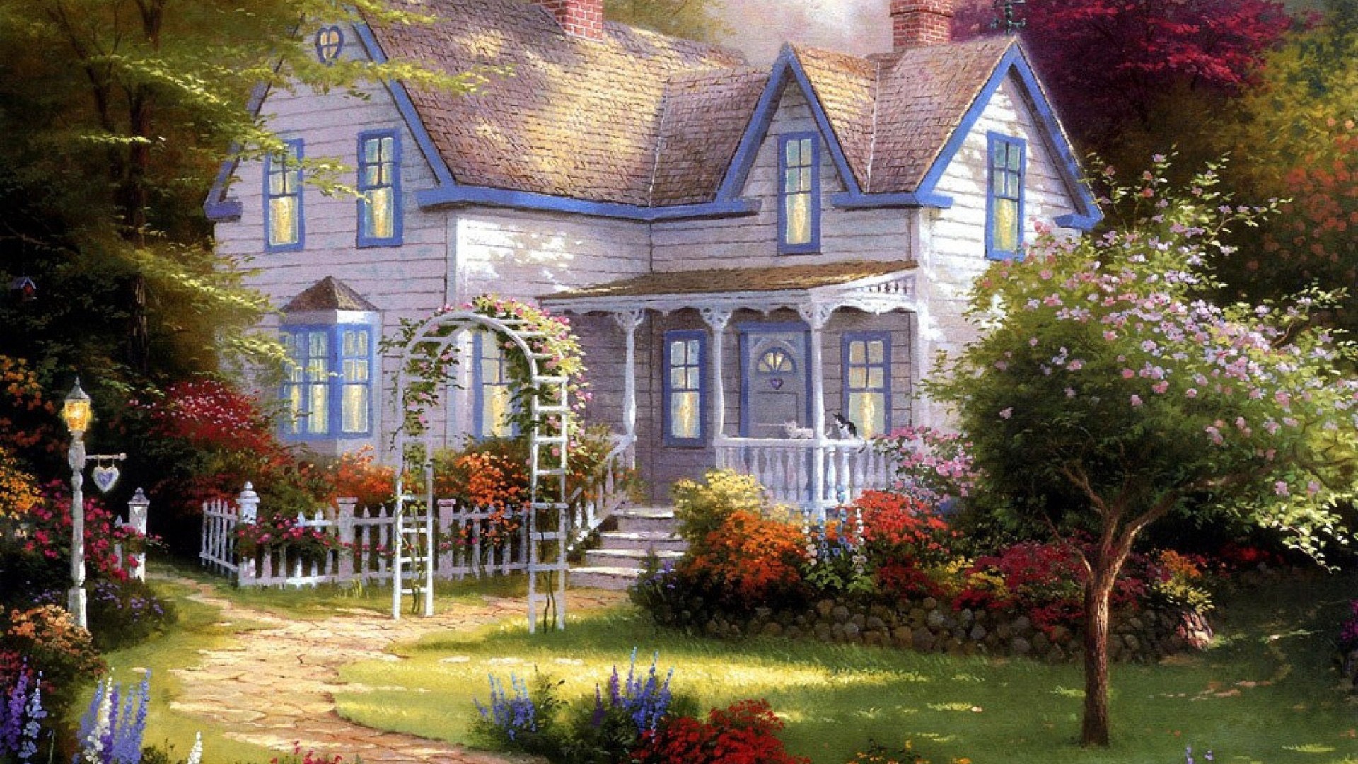 托马斯·金凯德Thomas Kinkade，绘画，温馨花园，林中，家，风景桌面壁纸
