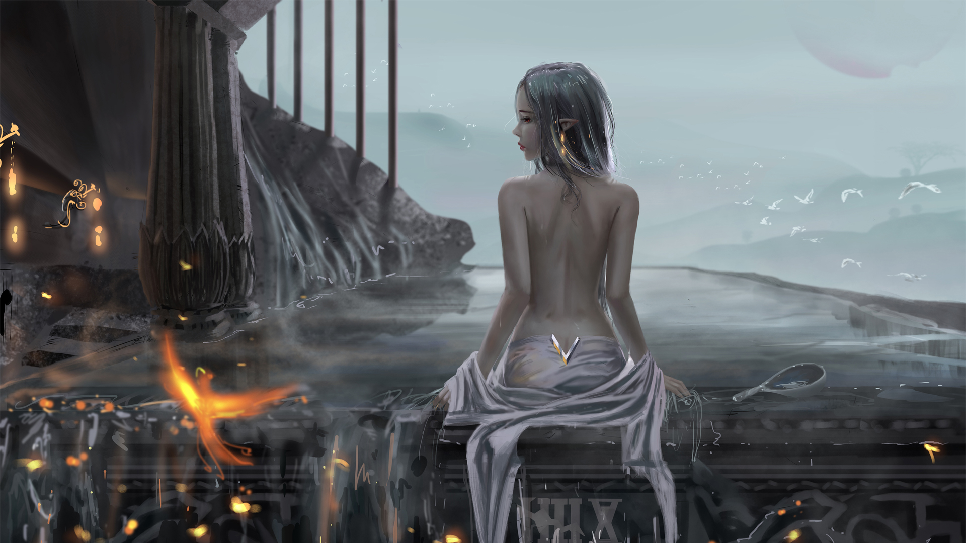 天池 浴池 女孩少女 美背 浴衣 沐浴 高清唯美动漫壁纸