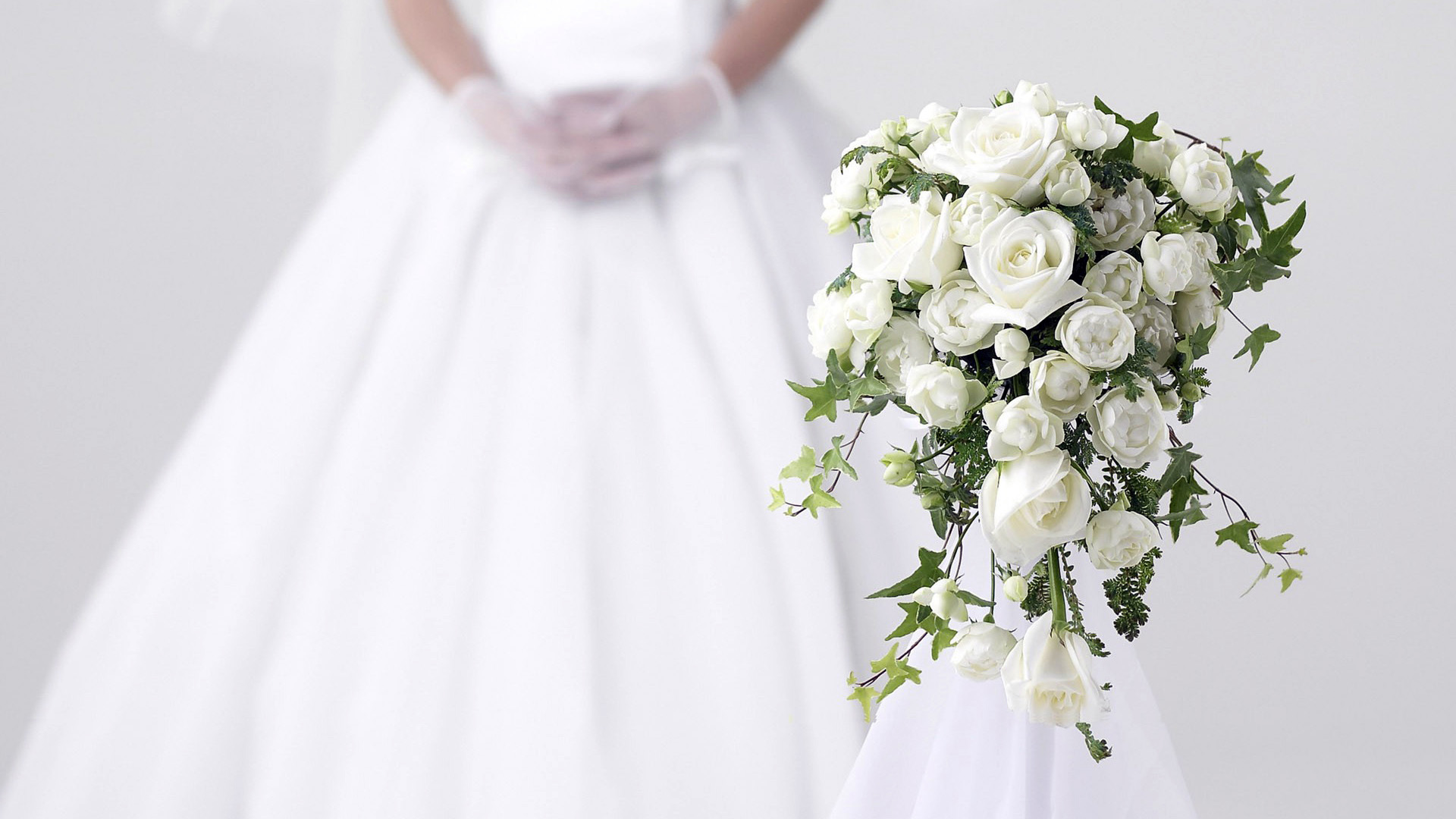 白色,礼服,花束,玫瑰,婚礼的宽屏壁纸