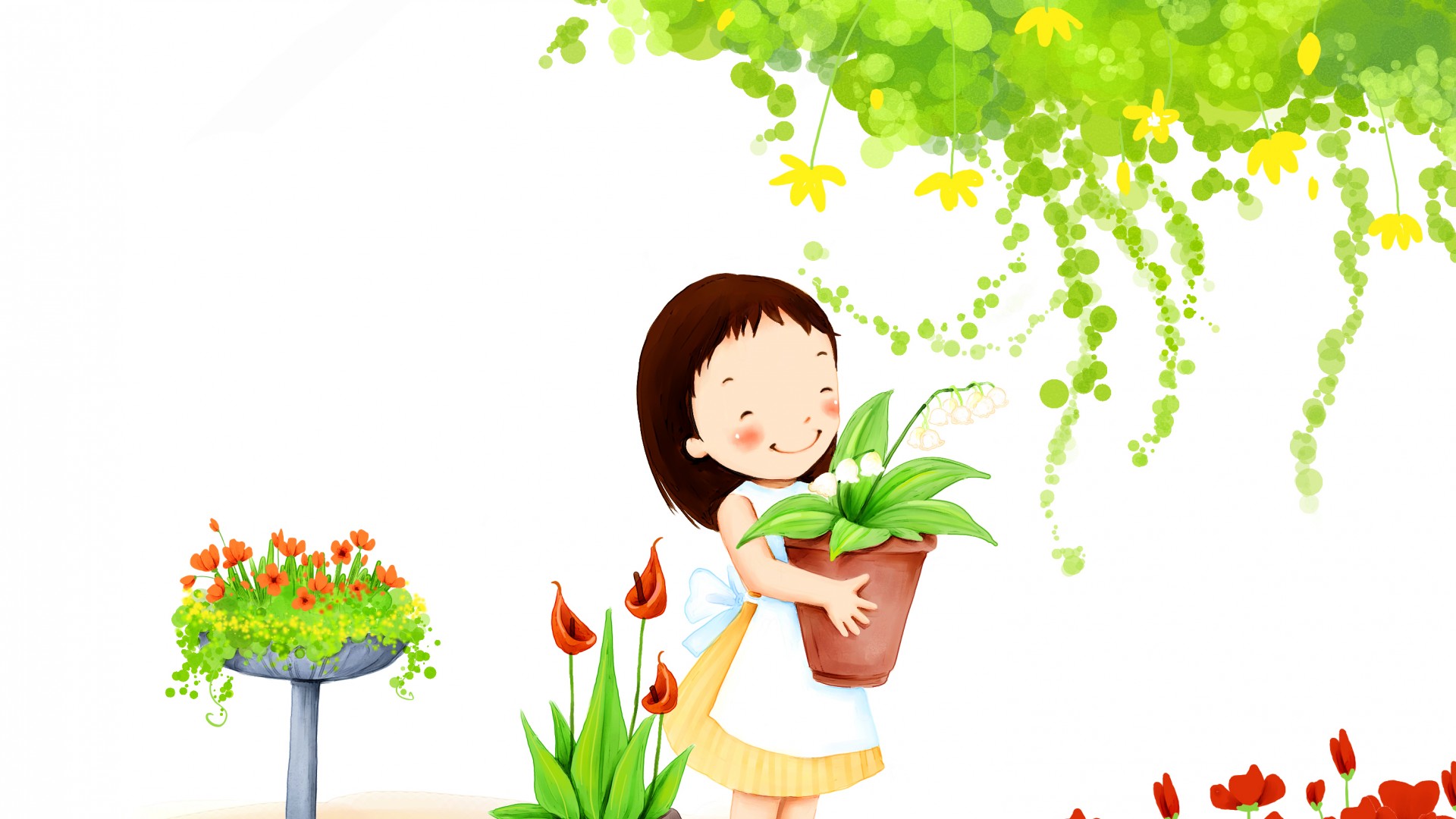 女孩，微笑，树叶，花，儿童节快乐可爱桌面壁纸