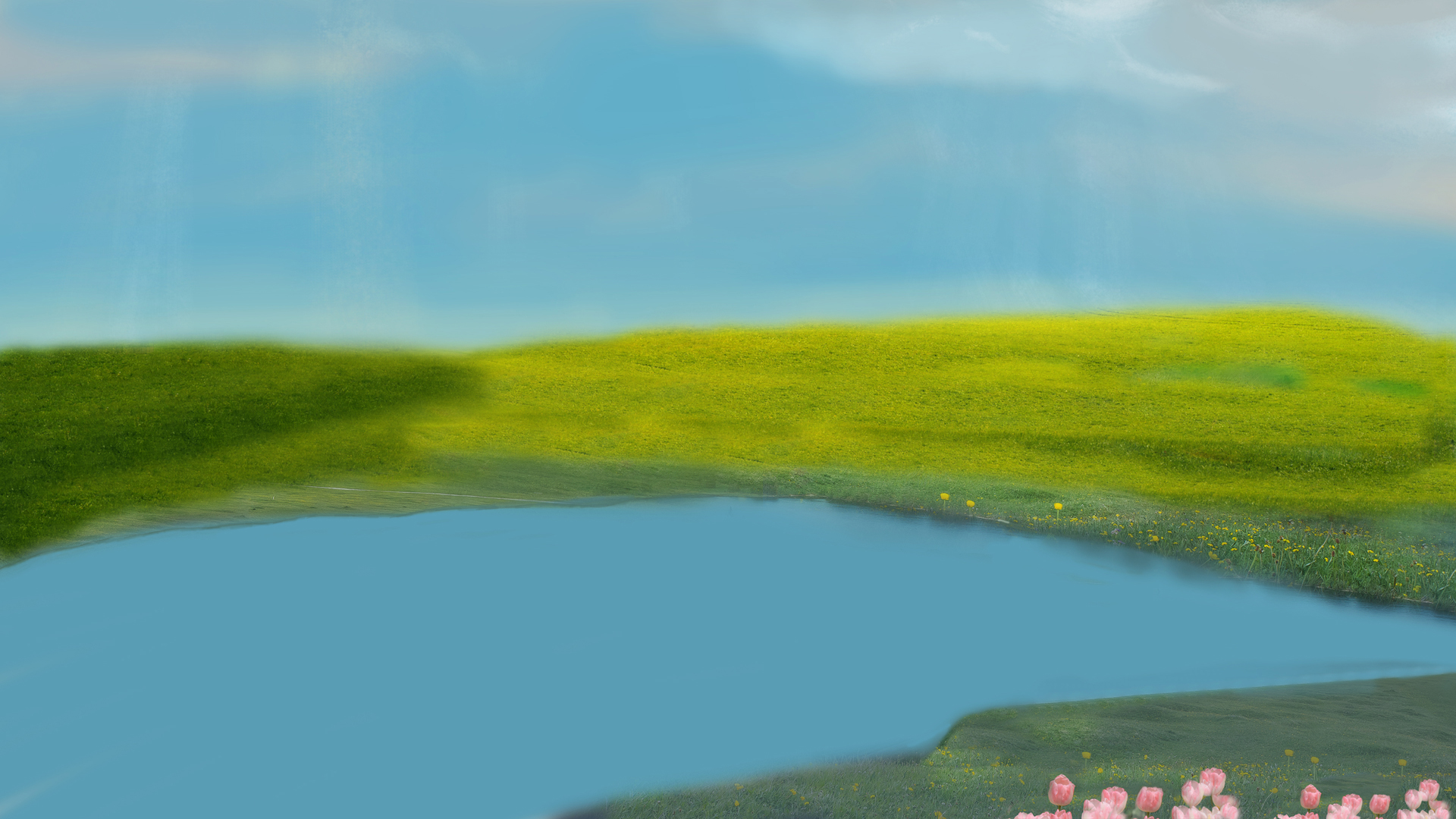 风景 草原 湖水 鲜花 风景桌面壁纸