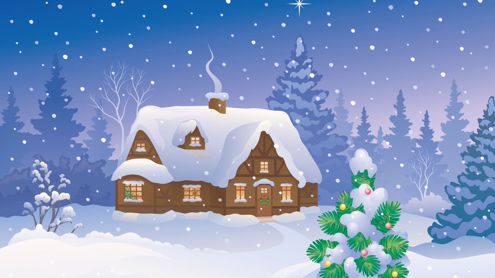 圣诞快乐，圣诞树，新的一年，雪，房子，桌面壁纸
