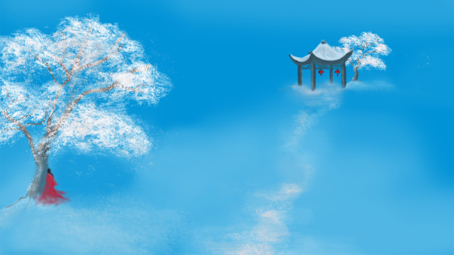 原创 国风 2023新年 雪天 树 红衣女子 亭子 风景 壁纸