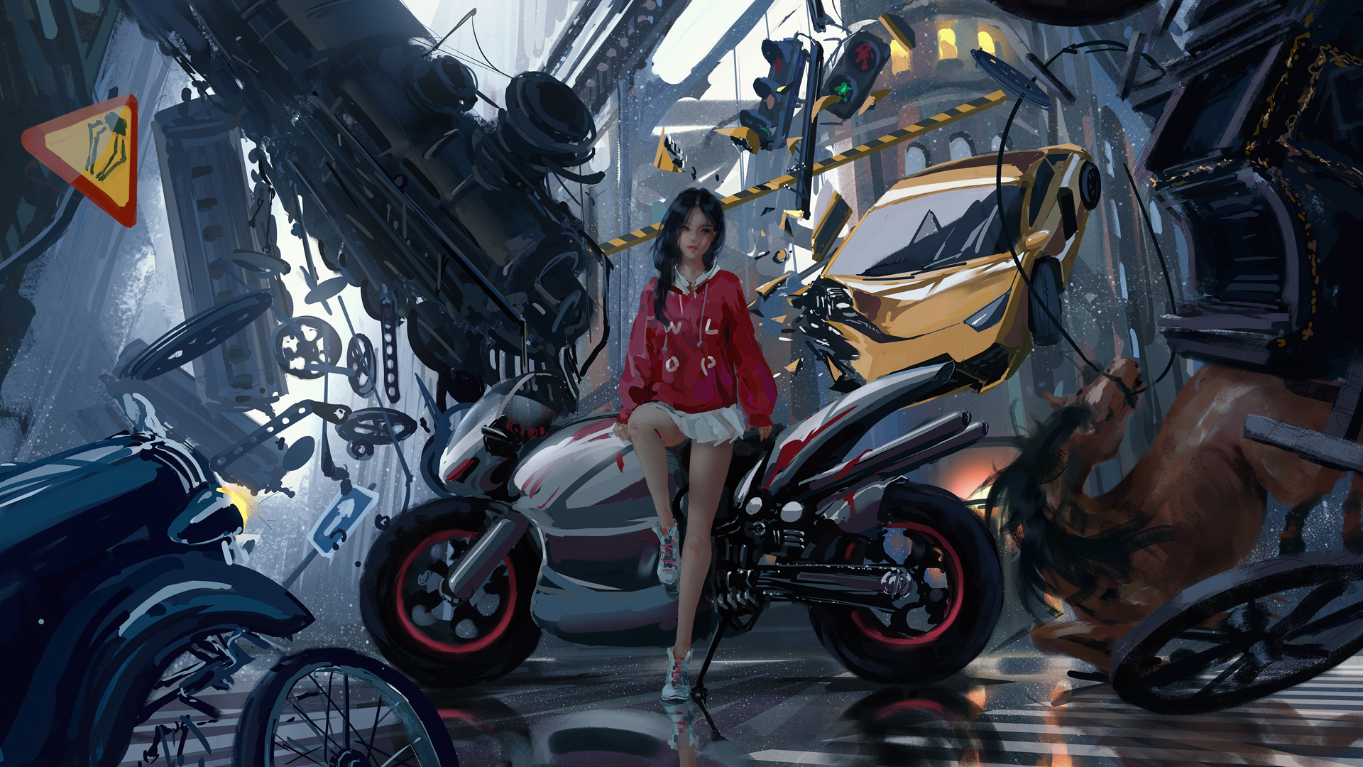 女孩 长发 红色衣服 白色短裙 摩托车 高清 电脑 壁纸