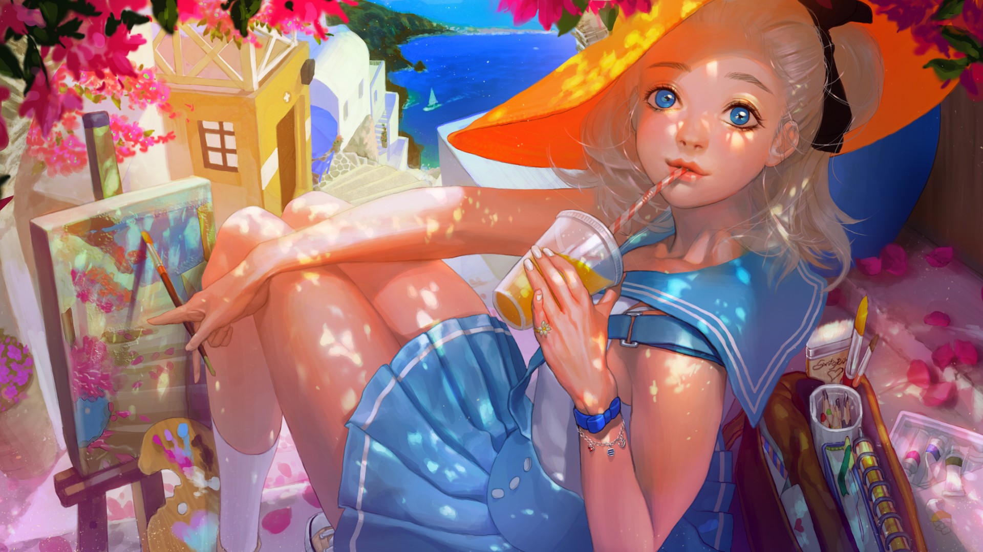 女孩，城市，水手，饮料，美丽海边风景，画画，花瓣，可爱美少女，桌面壁纸