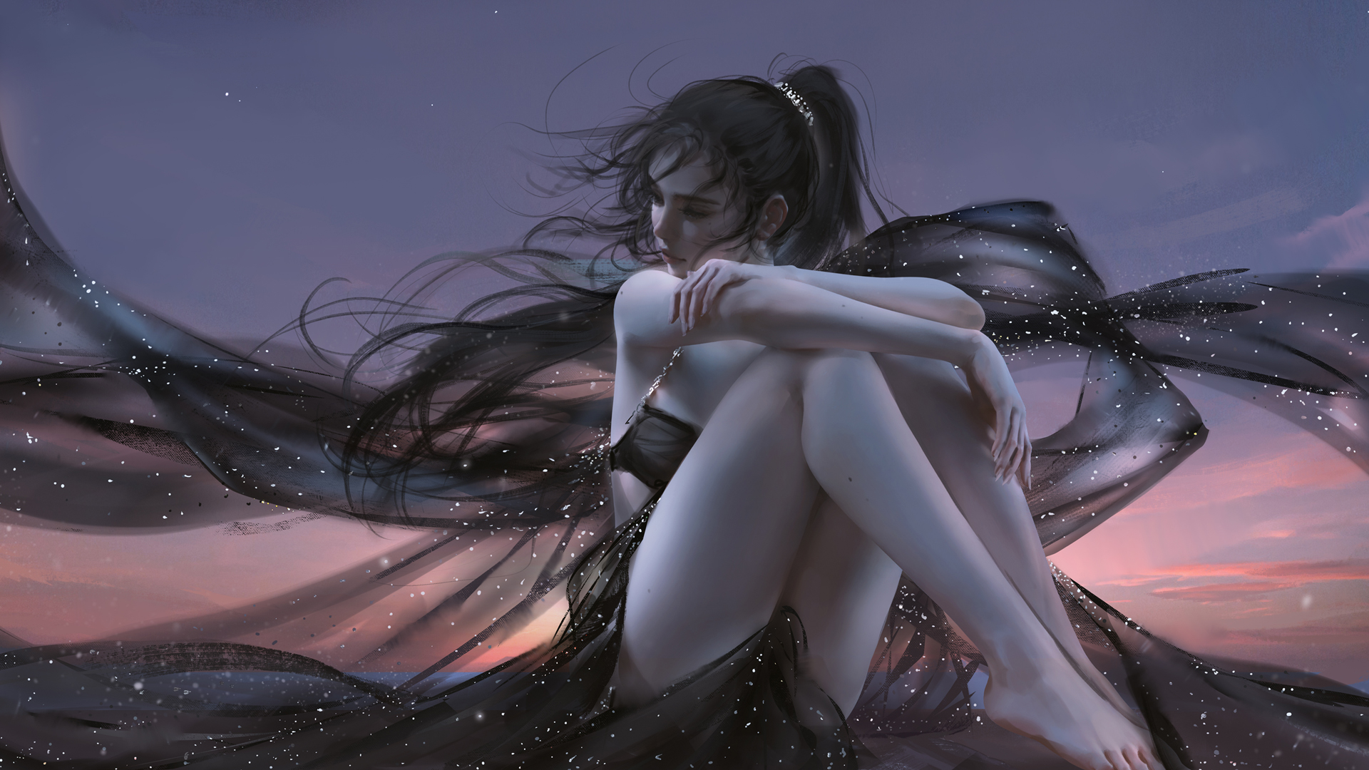 夜晚 天空 女孩 黑色唯美长裙 好看厚涂画壁纸