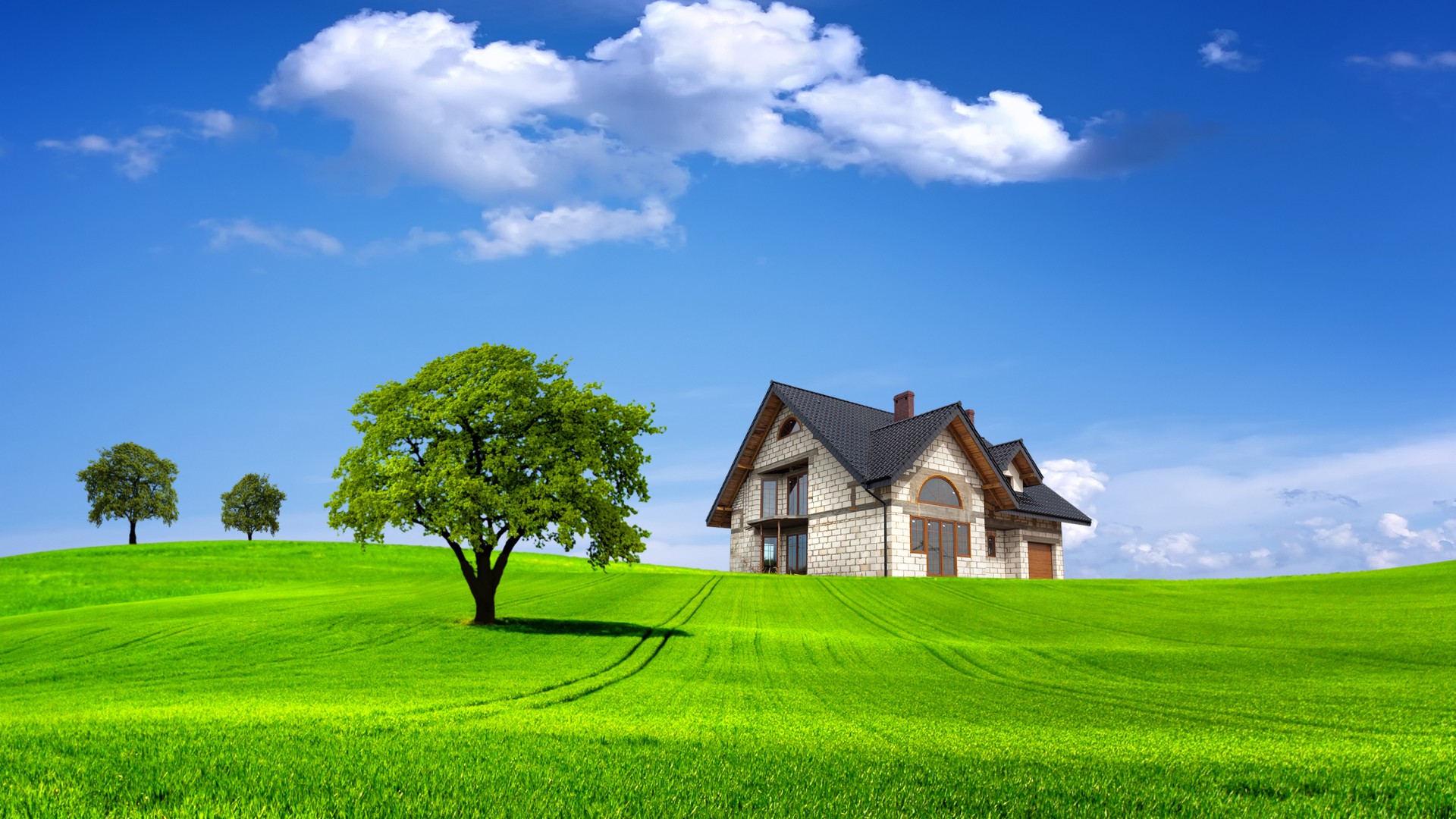 绿草地，树，自然，夏天，房子，蓝色天空，云，风景桌面壁纸