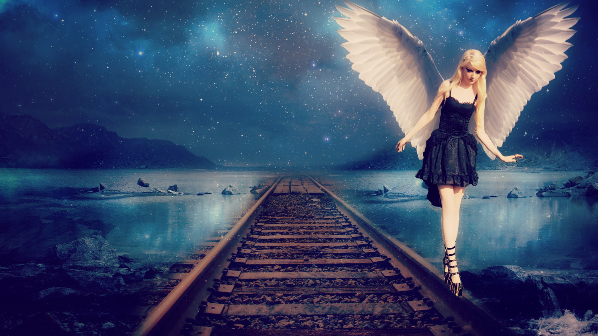 女孩，天使，翅膀，礼服，黑色的裙子，幻想，火车轨道，天堂，唯美壁纸