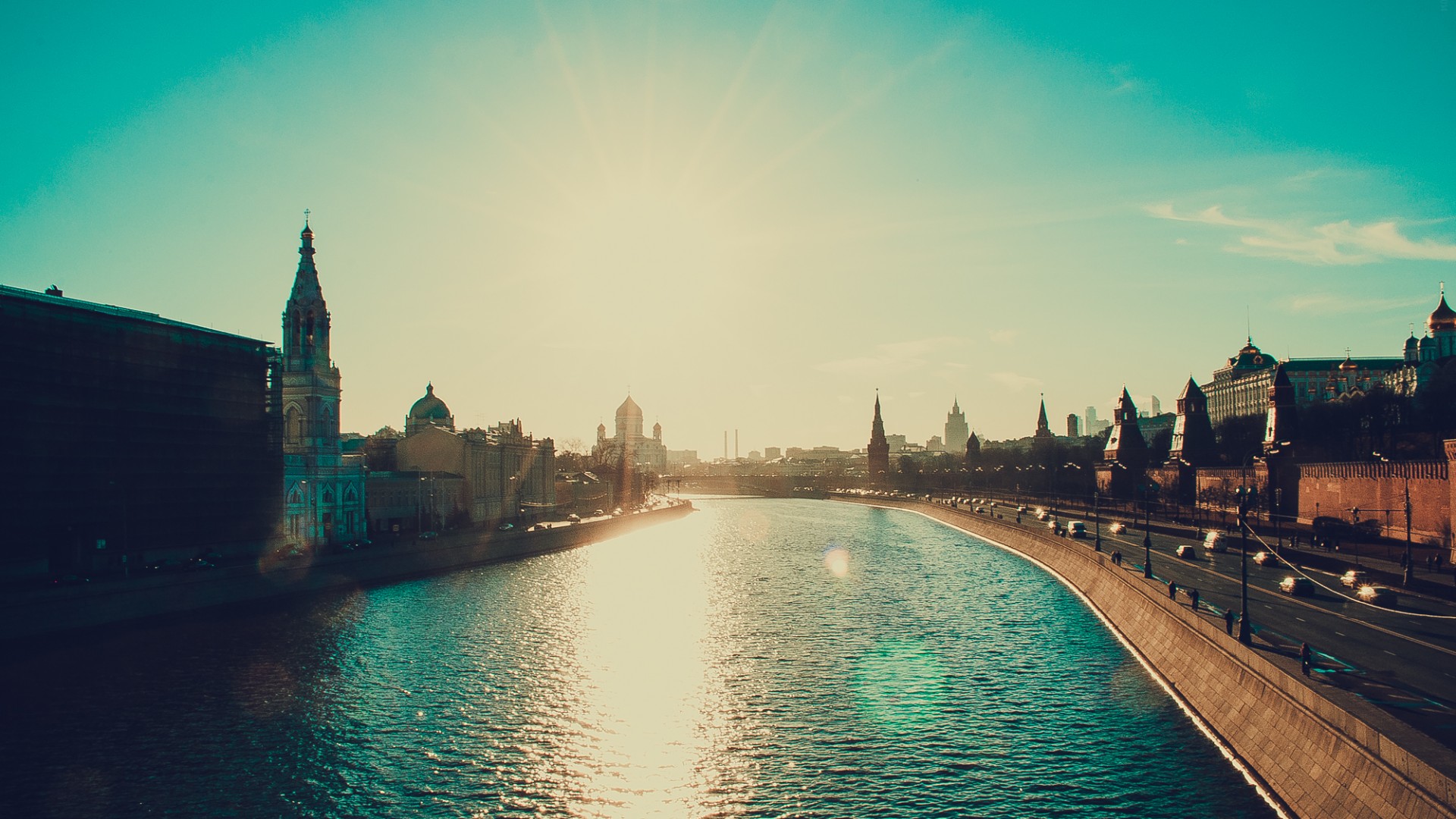 莫斯科，城，桥，水，太阳，城市风光桌面壁纸