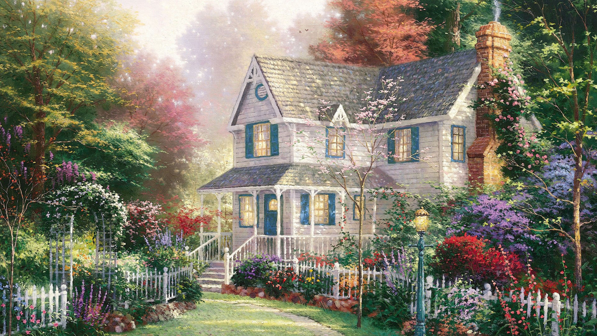 托马斯Kinkade,绘画,平房,房子,花园,桌面壁纸