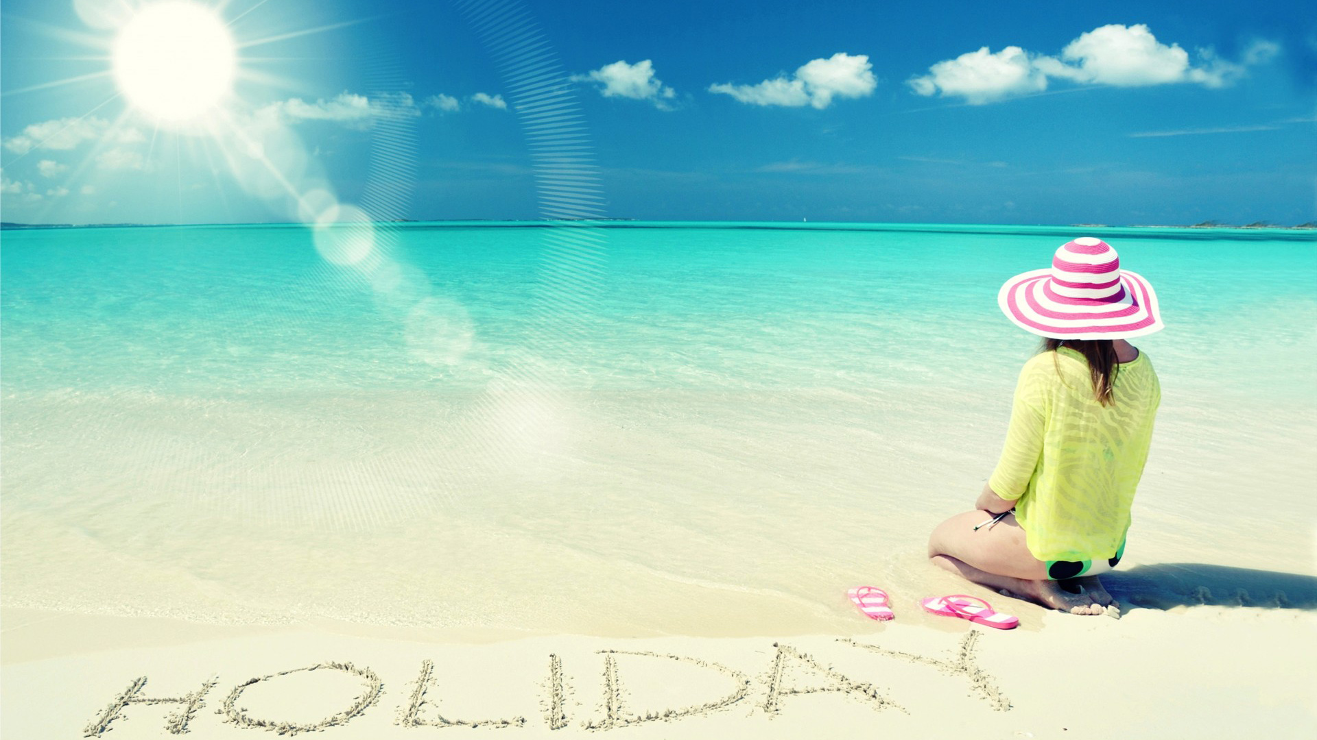 夏天，度假，女孩，帽子，沙滩，海水，阳光，壁纸