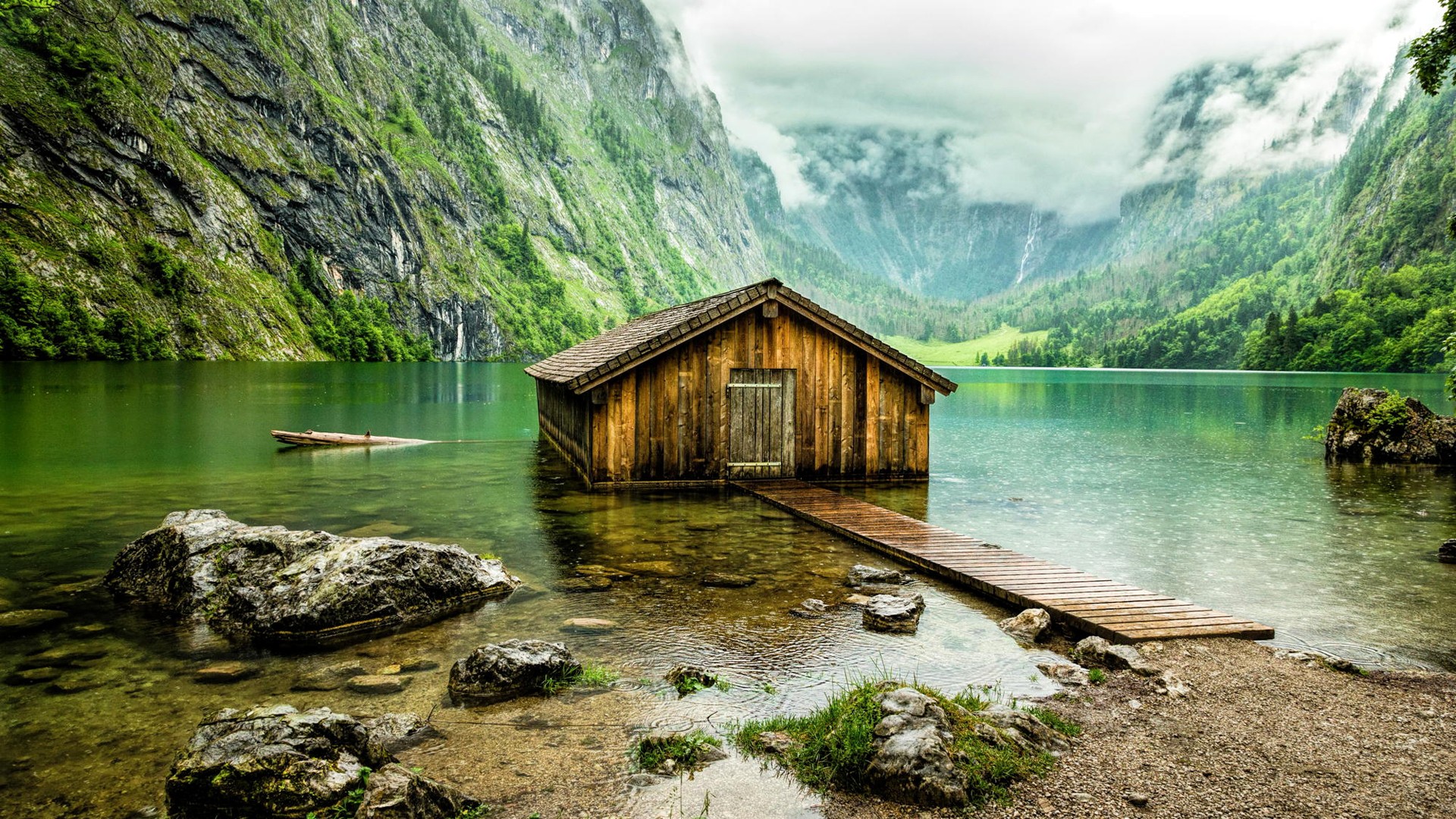 巴伐利亚，德国，湖泊，山，石头，码头，房子，自然风光桌面壁纸