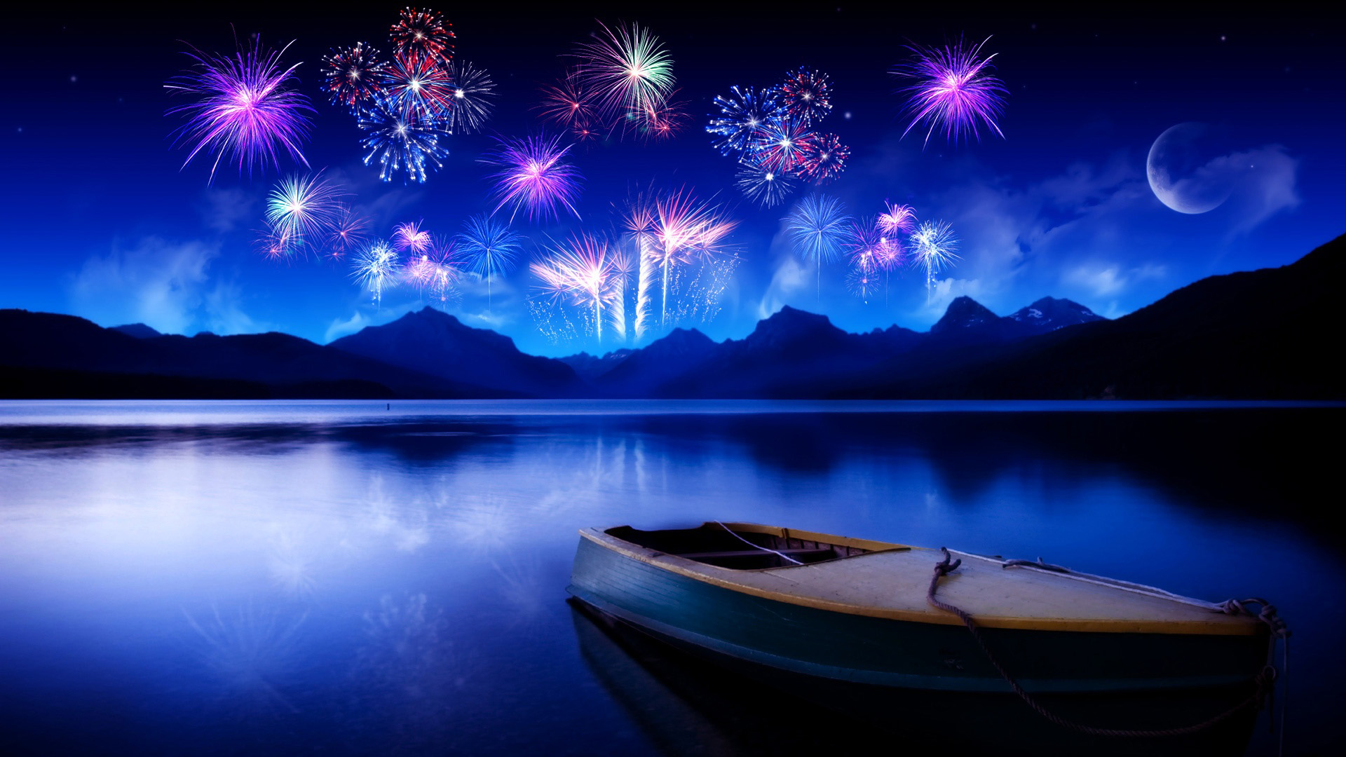新年快乐,灿烂烟花,湖水,小船,风景桌面壁纸