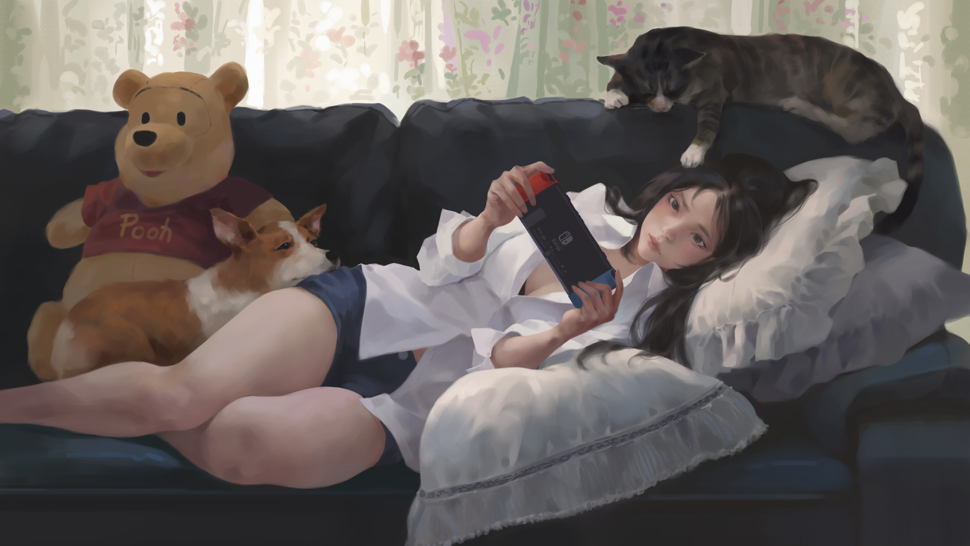 少女 看手机 沙发 猫 狗 小熊维尼 高清动漫壁纸