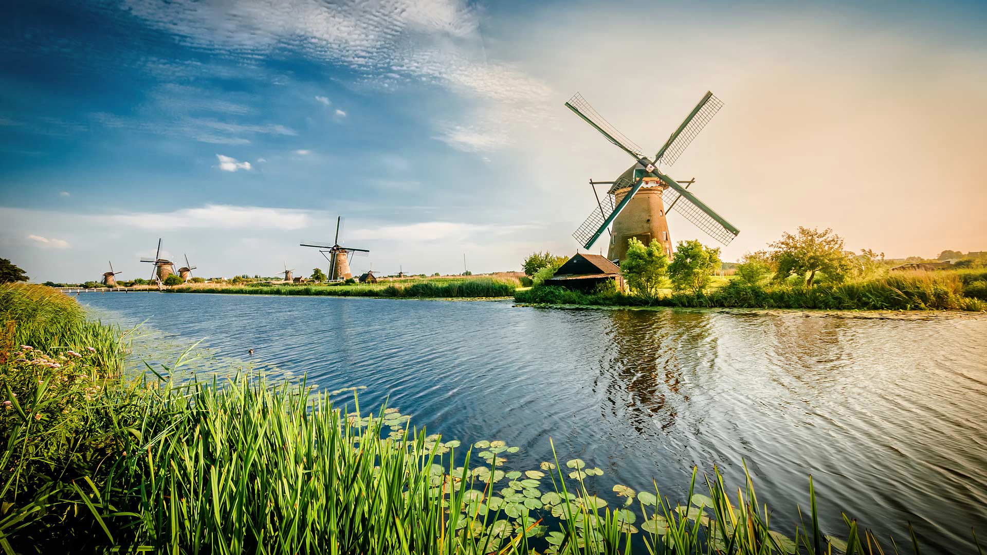 荷兰鹿特丹，风车，河流，天空，风景桌面壁纸