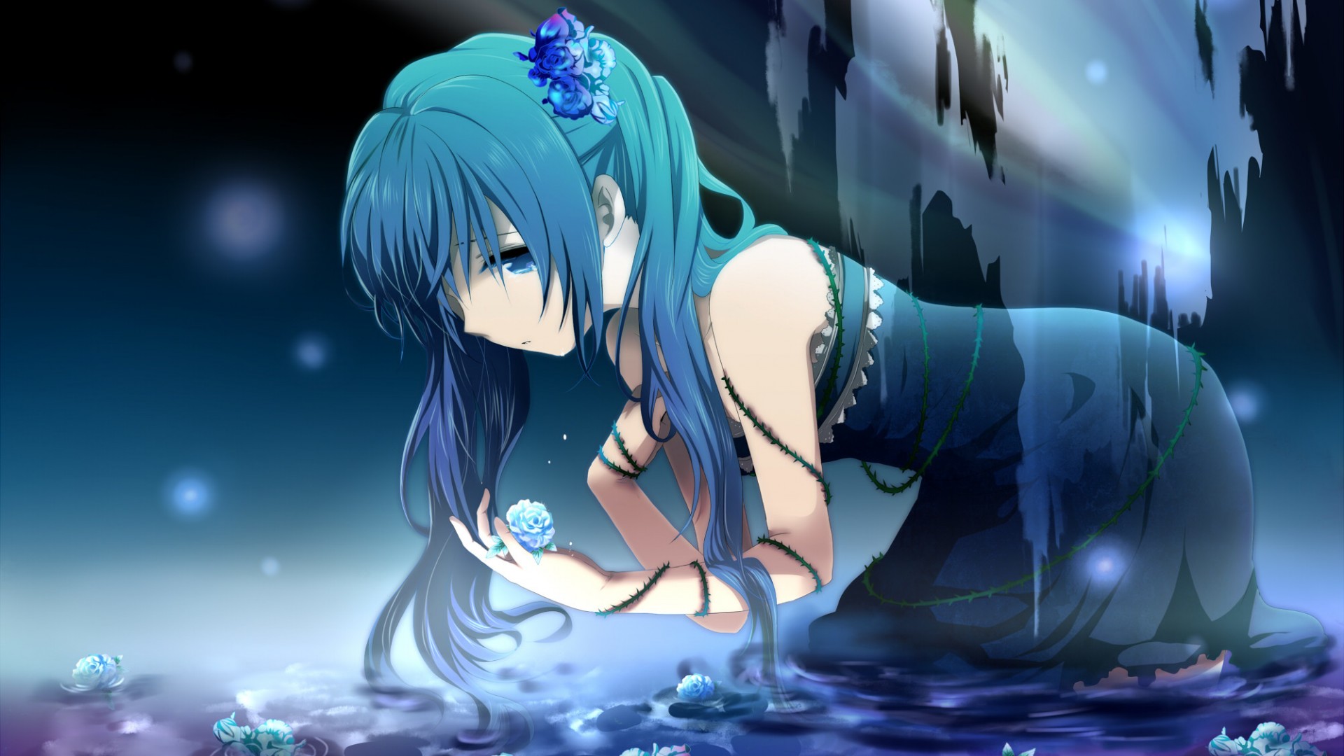 初音未来,女孩,水中花,唯美动漫桌面壁纸