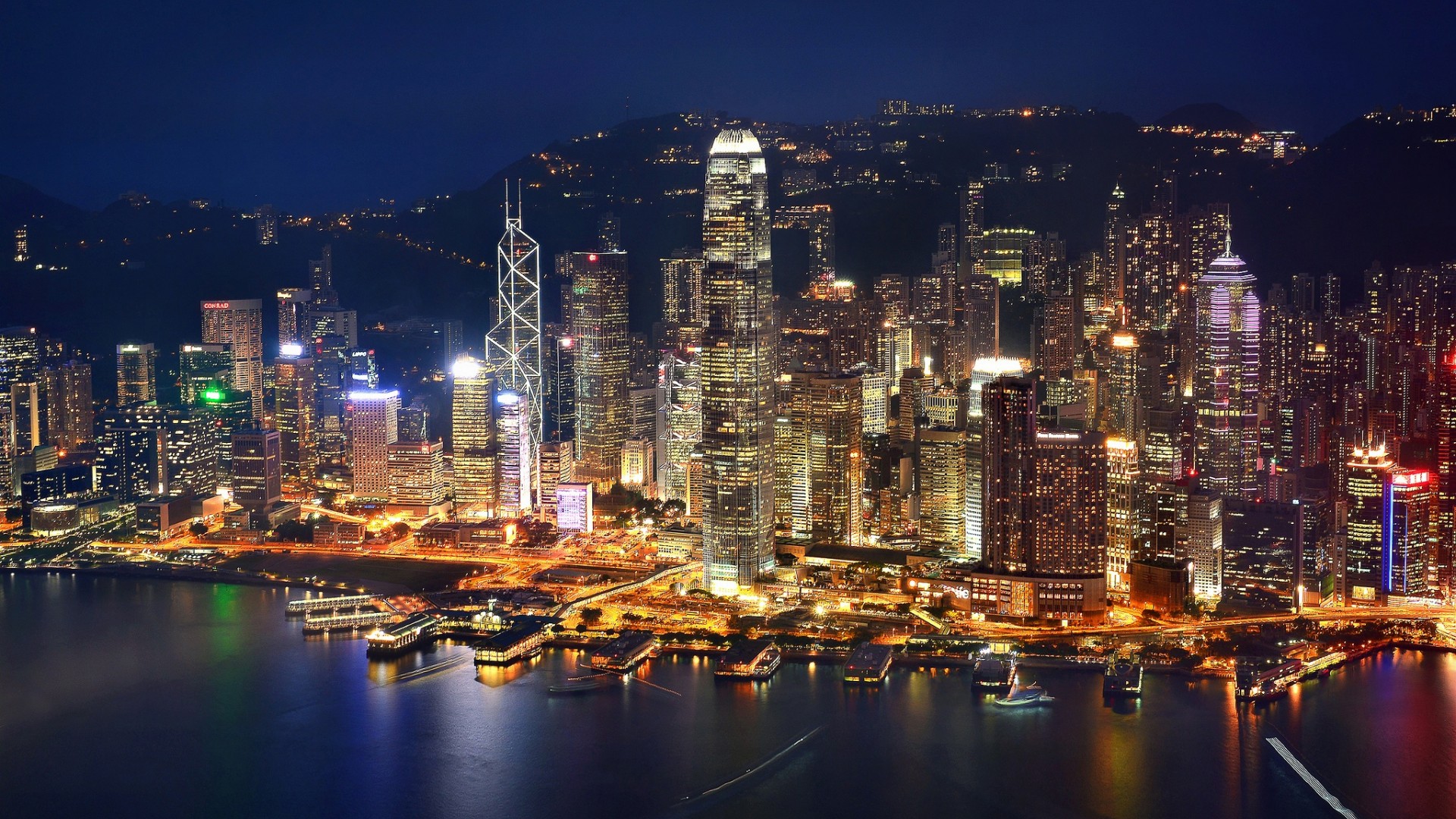 香港,夜晚降临,城市夜景风景桌面壁纸