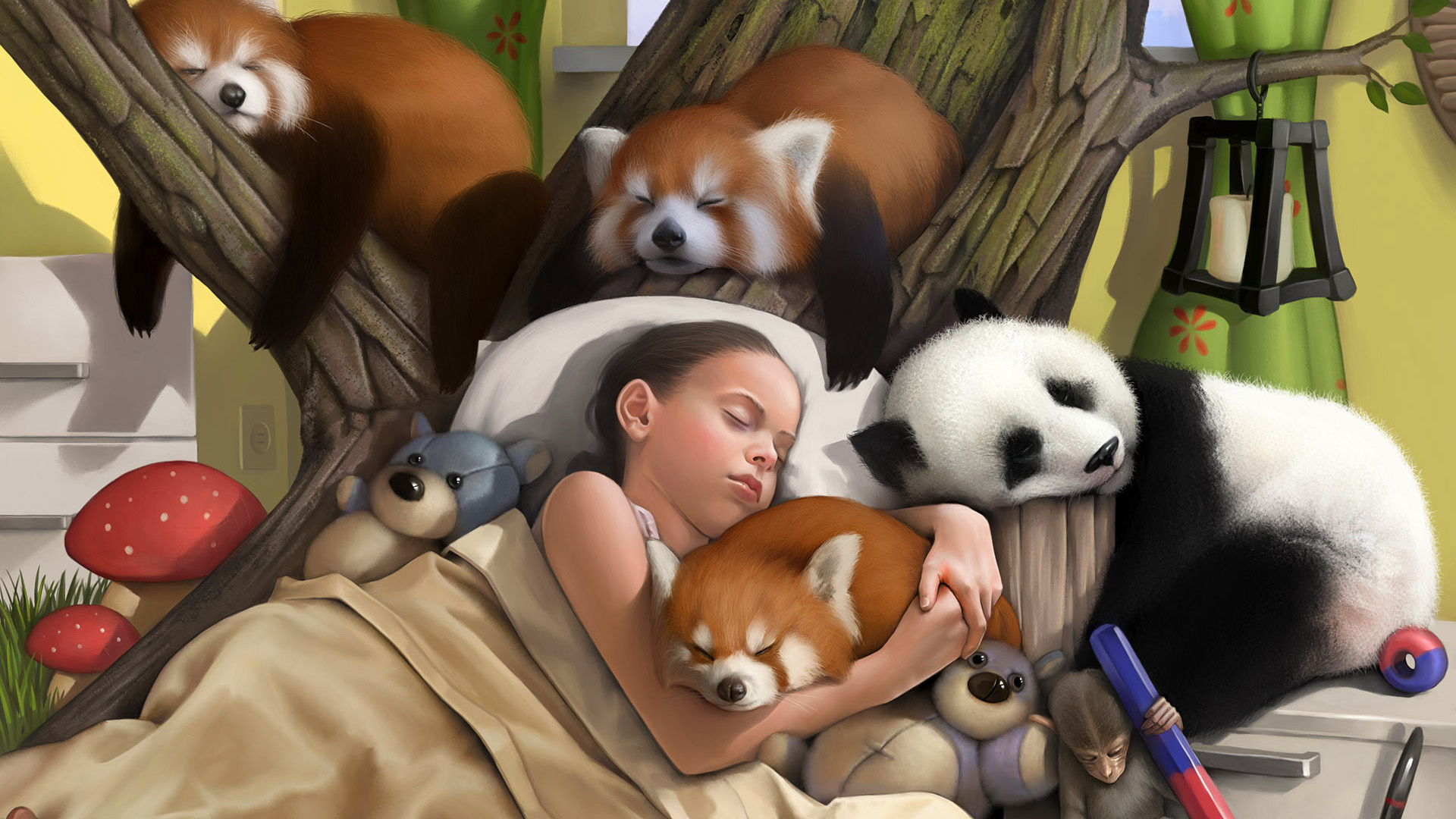 女孩,树,蘑菇,动物,玩具,小浣熊,熊猫,小猴,壁纸