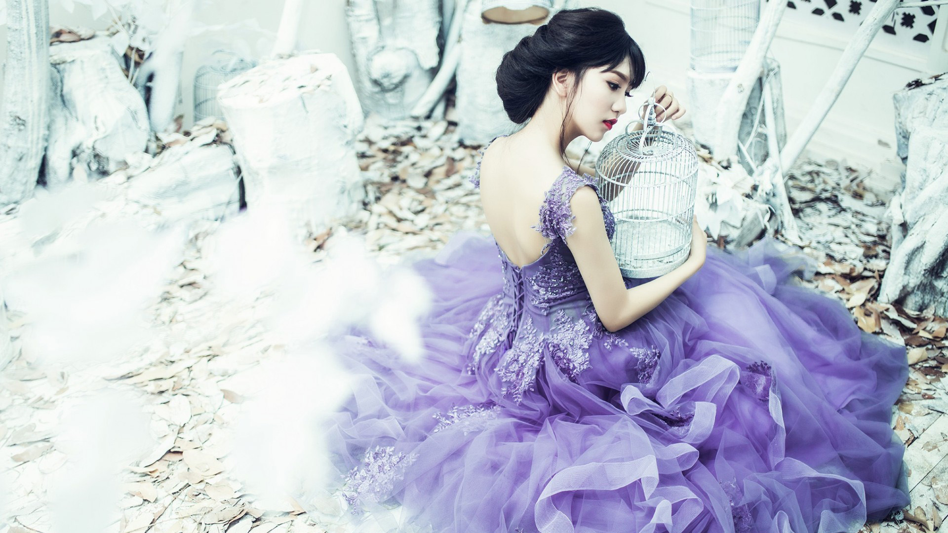 漂亮美女,美背,紫色裙子,笼子,唯美桌面壁纸