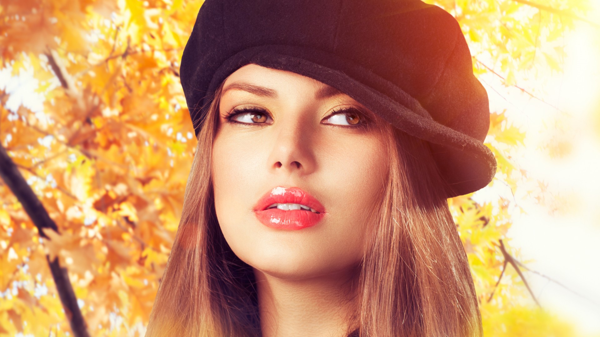 秋天风景,美女照片,金发,帽子,桌面壁纸