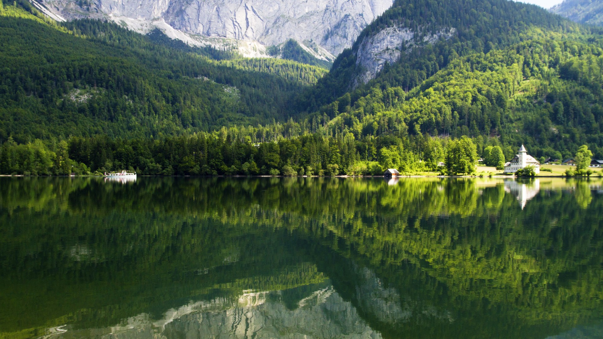 奥地利,森林,湖水,山,树木,岩石,风景桌面壁纸