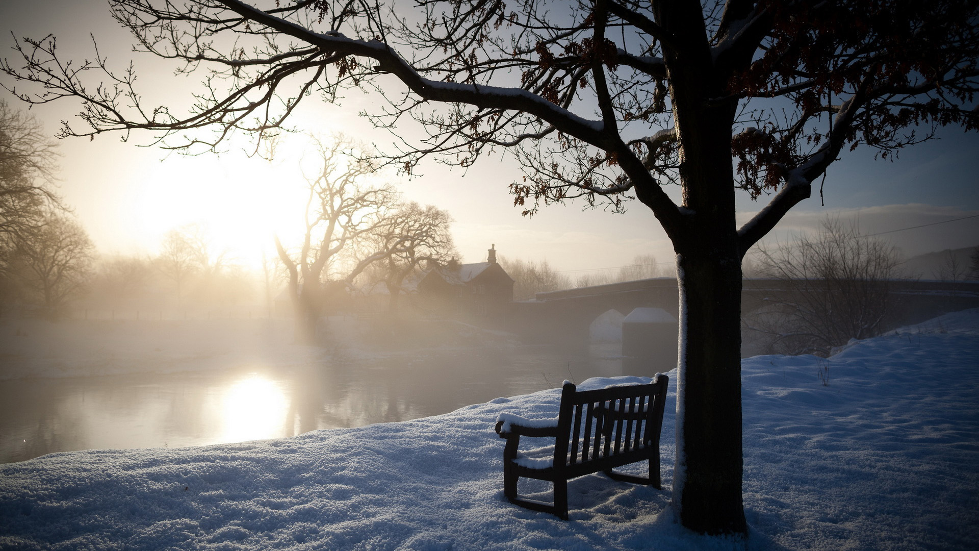 早晨,冬天,河,长椅,风景宽屏桌面壁纸