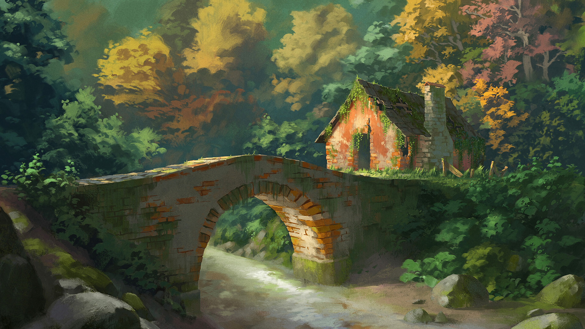 森林 小溪 桥 小房屋油画风景壁纸