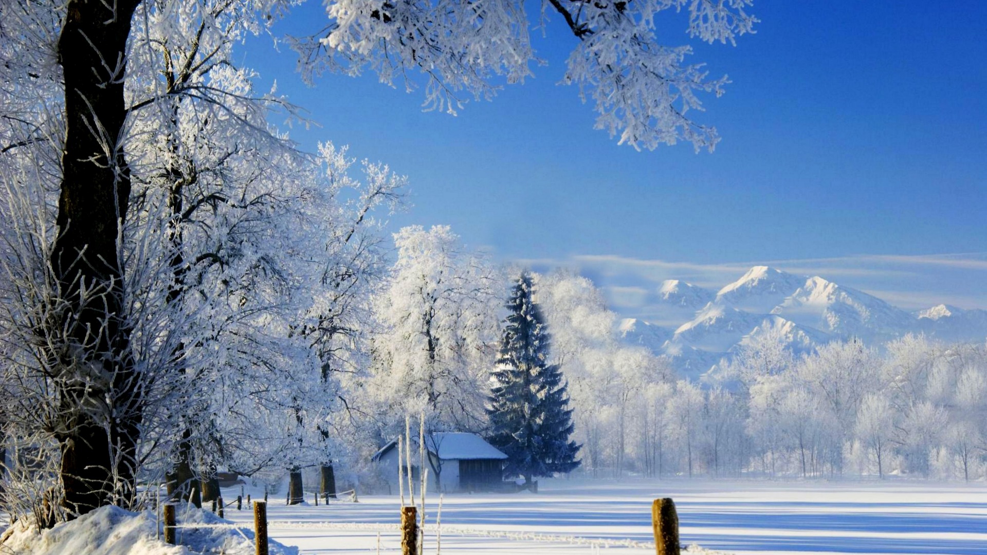 远山，房子，冬天，雪，天空，风景图片，桌面壁纸