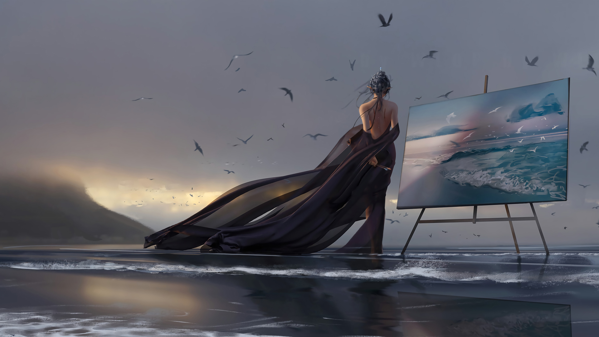 海边 女孩 少女 美背 黑色长裙子 画板 海鸥 唯美好看动漫壁纸