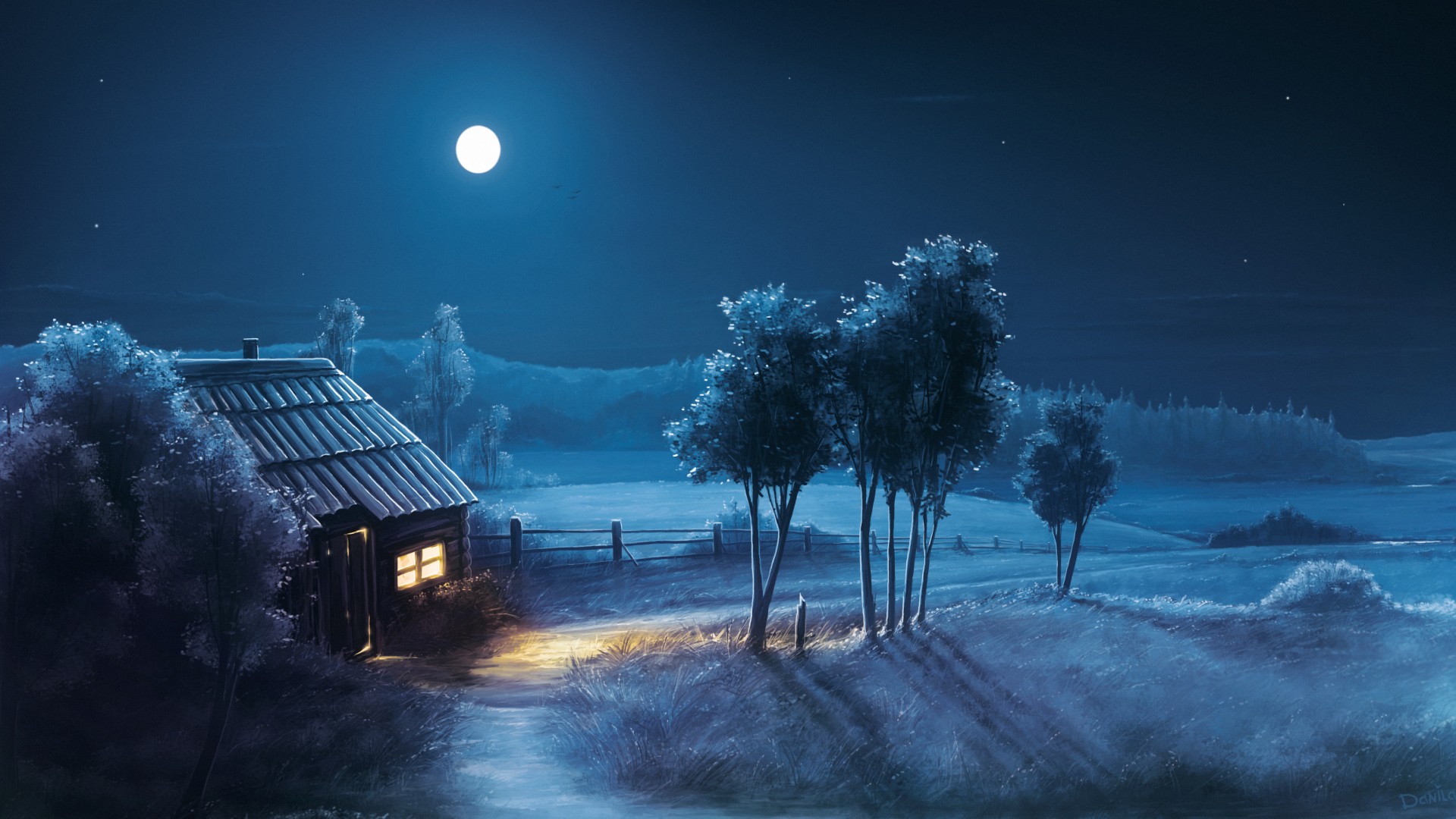 夜晚,月亮,房子,小路,田地,树,唯美风景壁纸