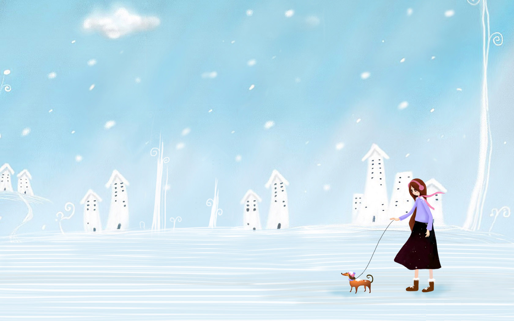 女孩牵着小狗在雪地里散步壁纸