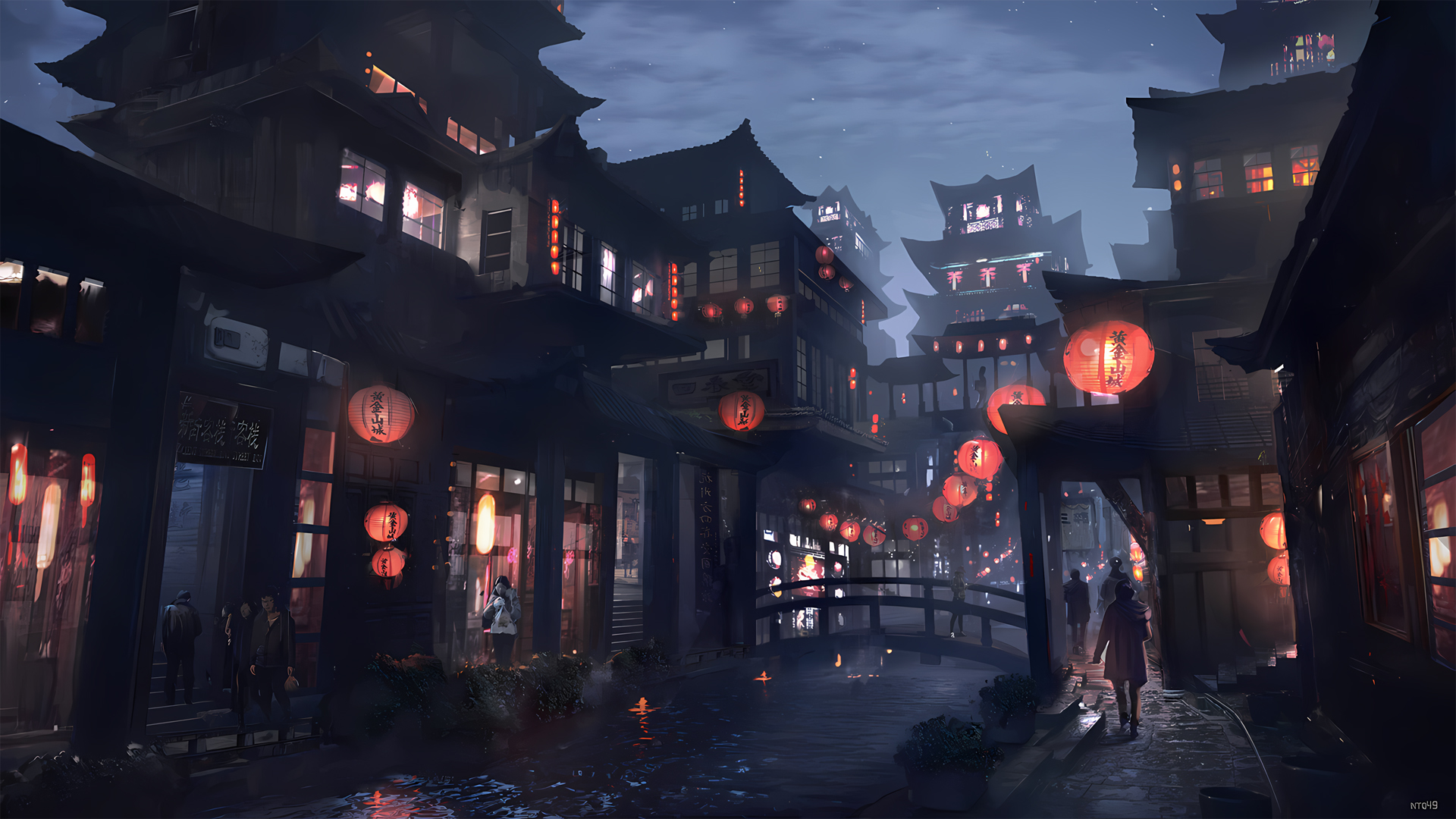 古风 建筑 黄金山城 客栈 灯笼 夜景 动漫壁纸