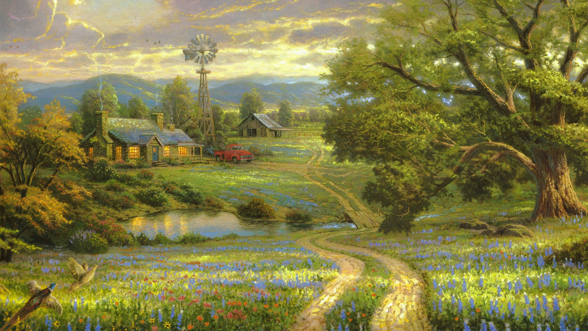 乡间生活,马路,房子,树,湖,花,托马斯·金凯德,风景绘画壁纸