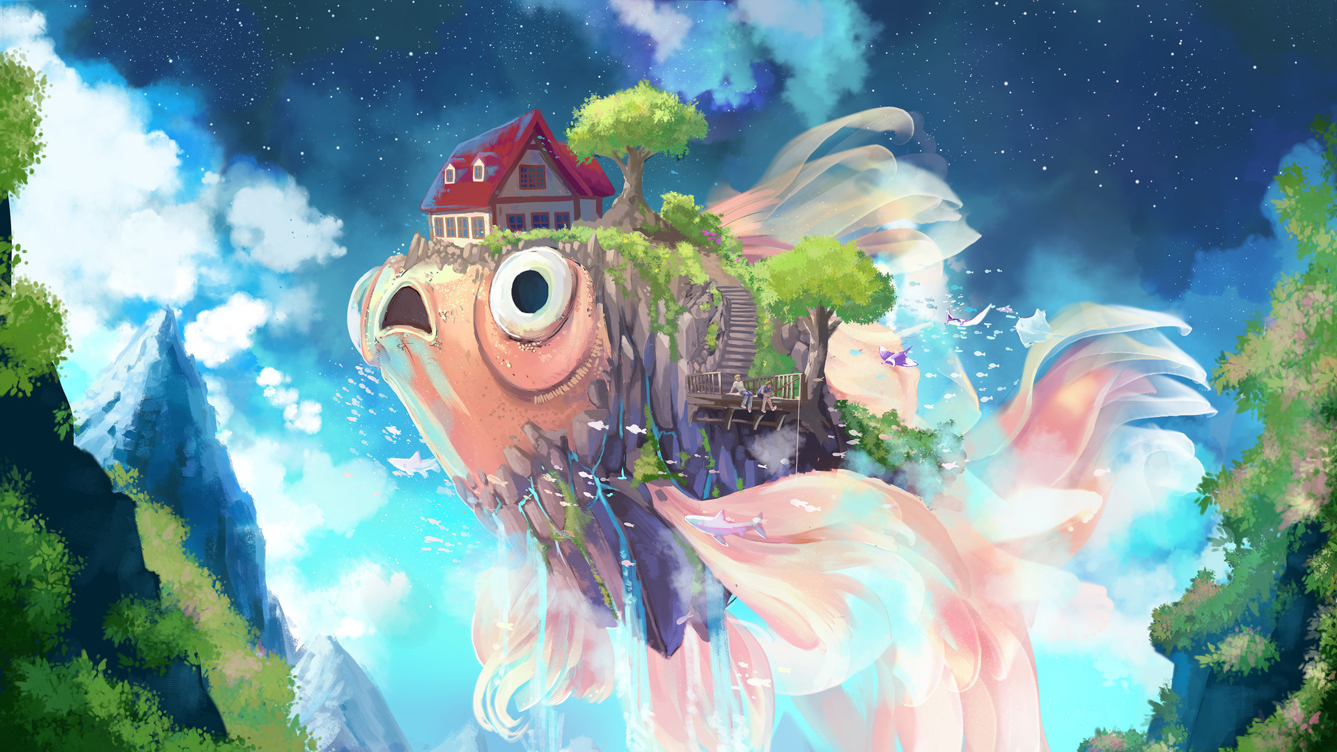 天空 鱼 房子树 唯美梦幻壁纸