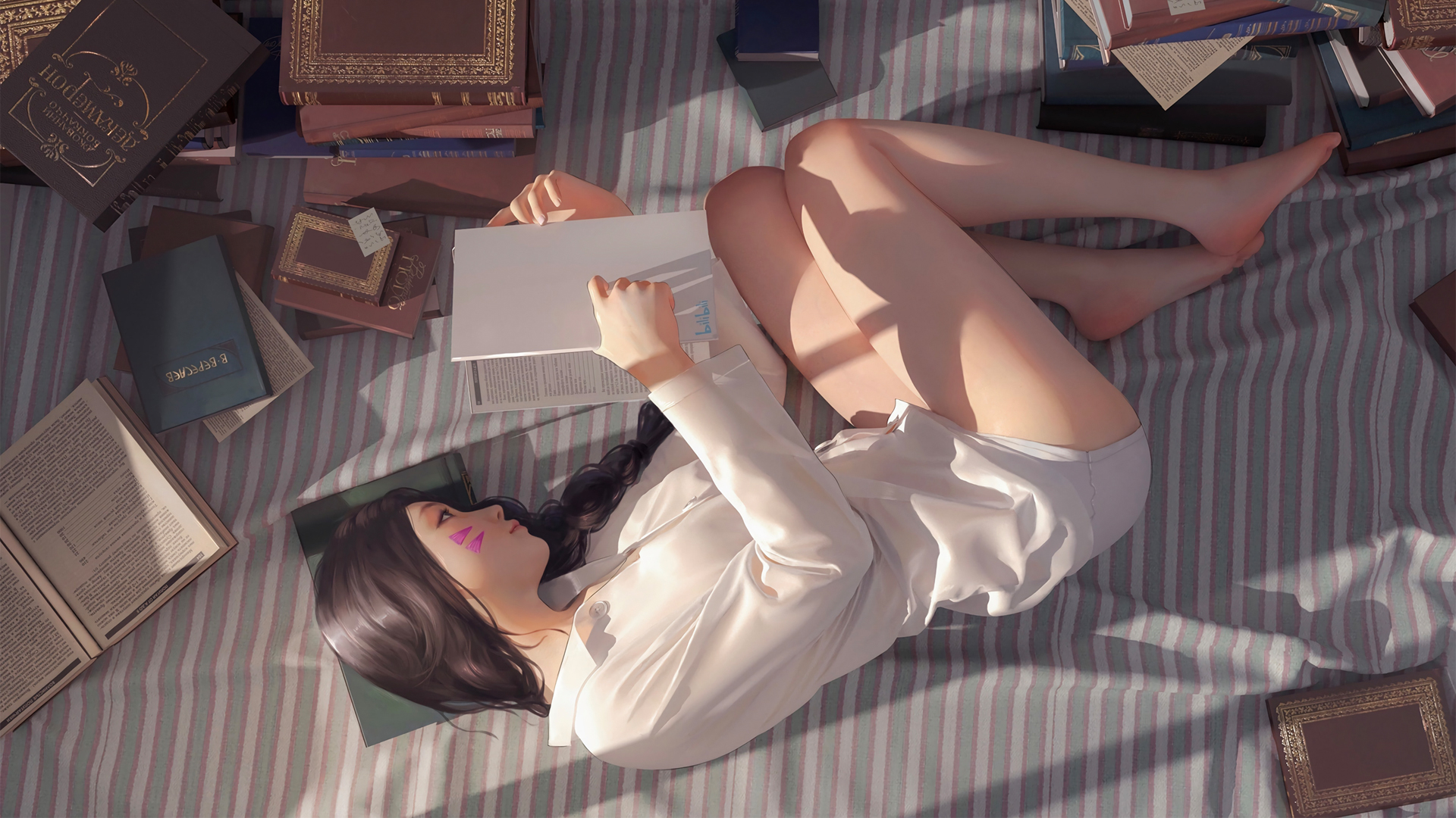 躺在床上看书的女孩 白衬衫 美腿 二次元动漫美女壁纸