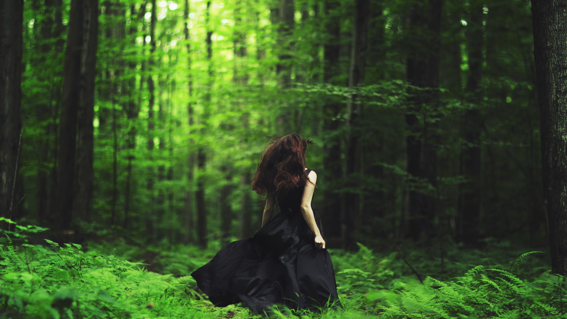 森林，女孩，黑色裙子，背影，唯美意境壁纸