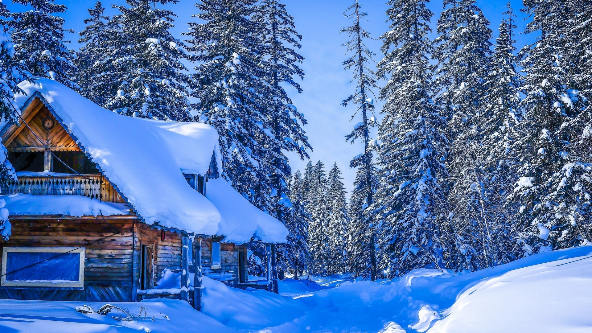 冬天,森林,大雪,山,树林,木房子,木屋,风景桌面壁纸