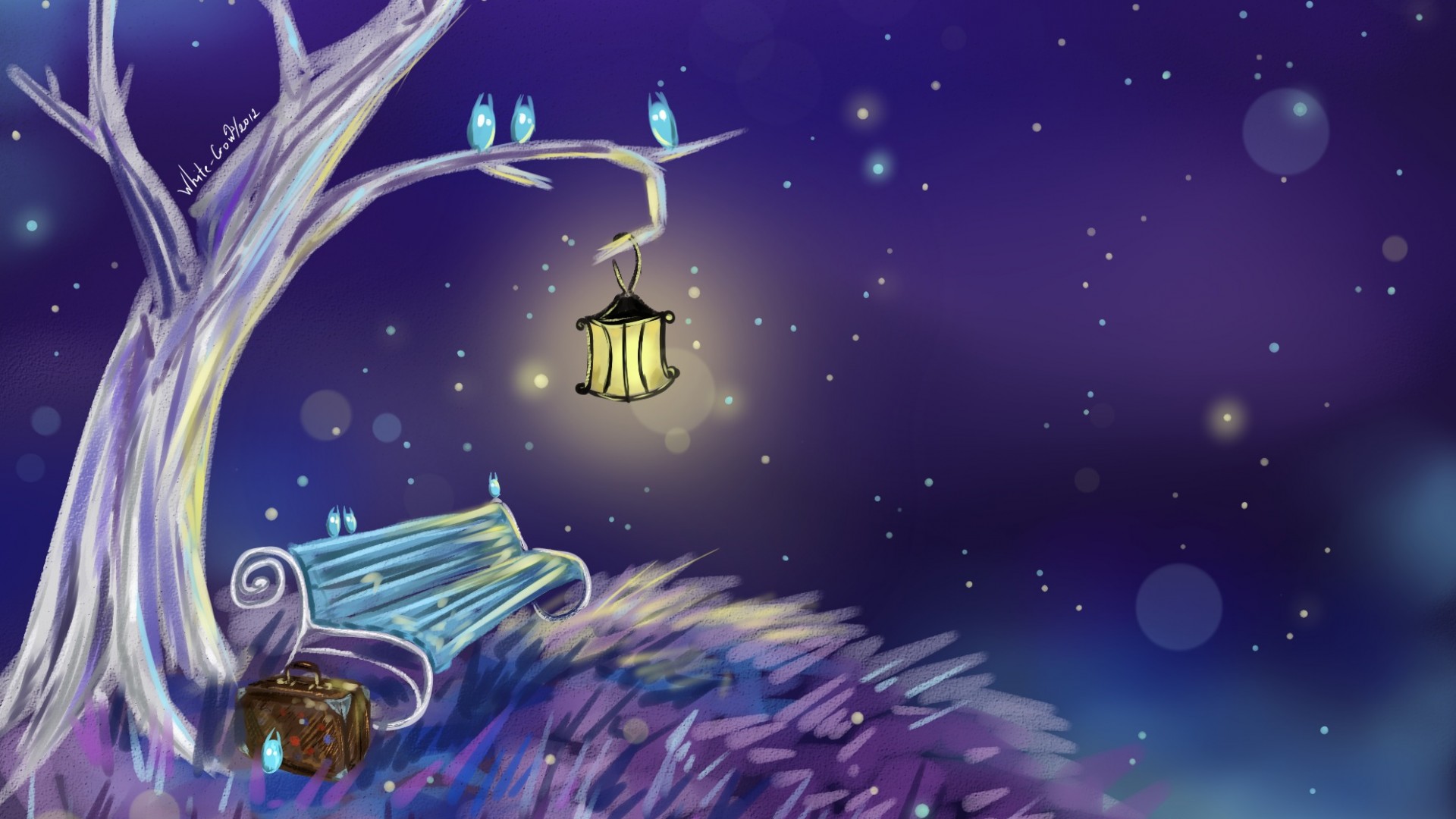 树，板凳，灯笼，唯美梦幻夜空风景壁纸