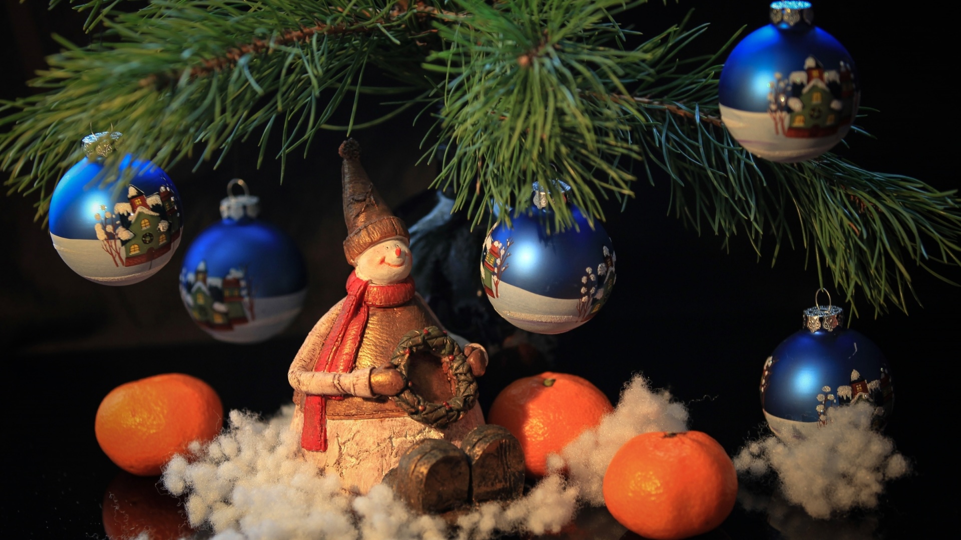 雪人、玩具、松树、橘子、圣诞节桌面壁纸