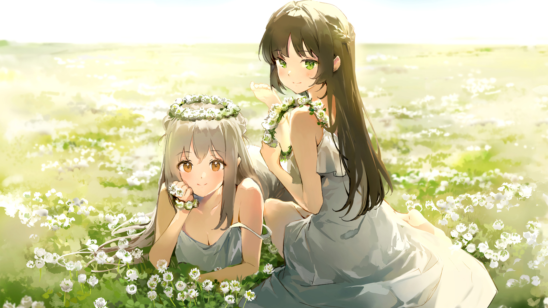 可爱姐妹 女孩子 花冠 百合 花海 动漫壁纸