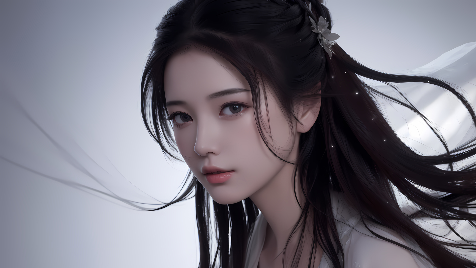 ai绘画 古风 长头发白色衣服动漫美女壁纸
