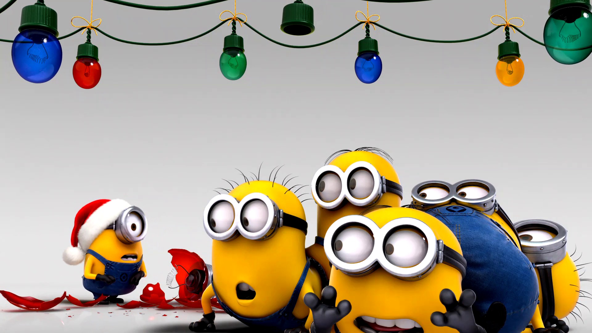 可爱小黄人，圣诞帽，彩灯，小黄人之圣诞节壁纸