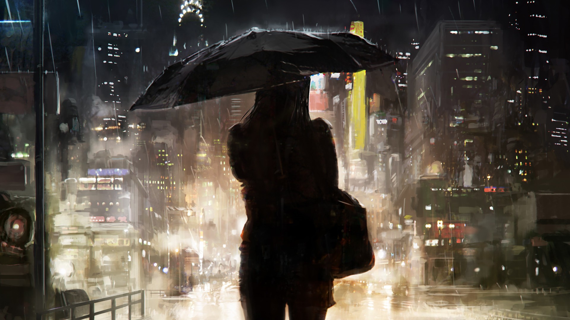 晚上,城市,雨天,伞,女孩的剪影,背影,唯美电脑壁纸
