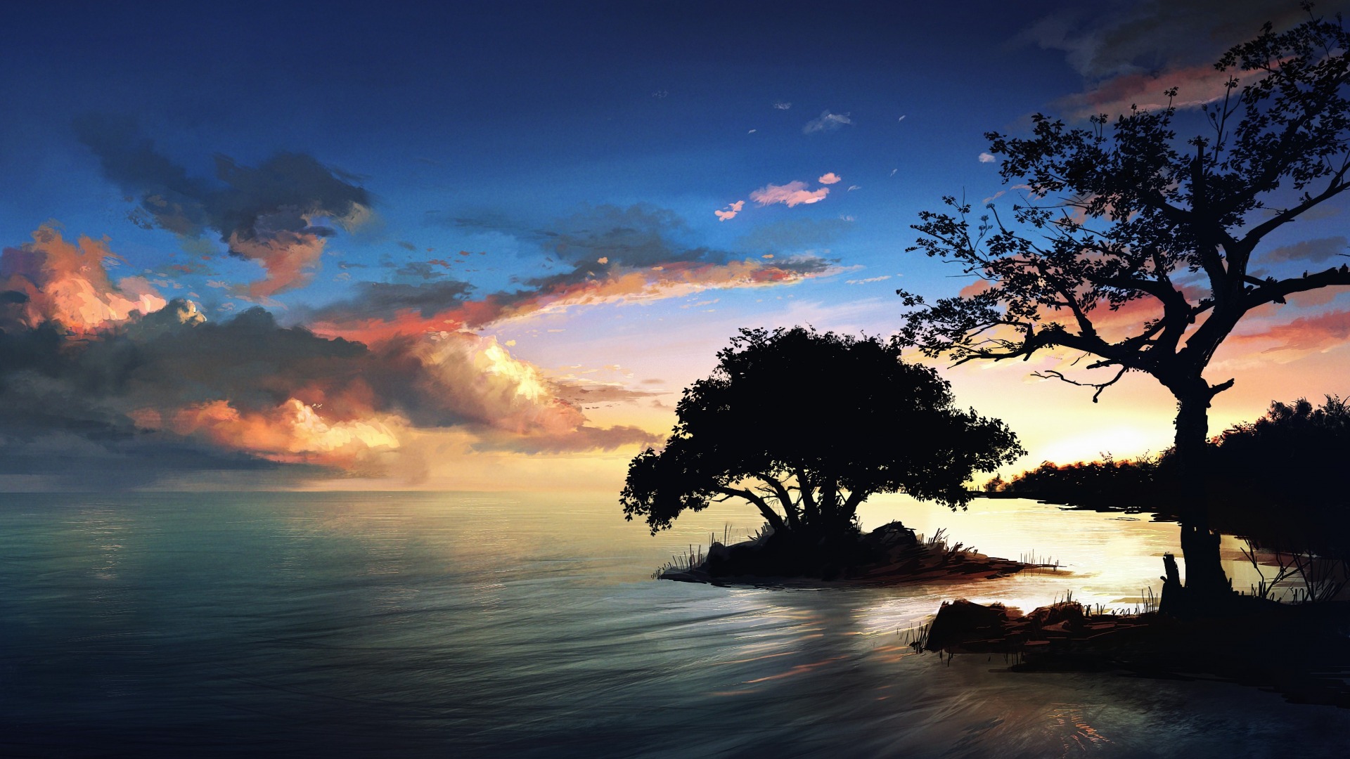 海洋，晚上，树木，天空，云，风景桌面壁纸