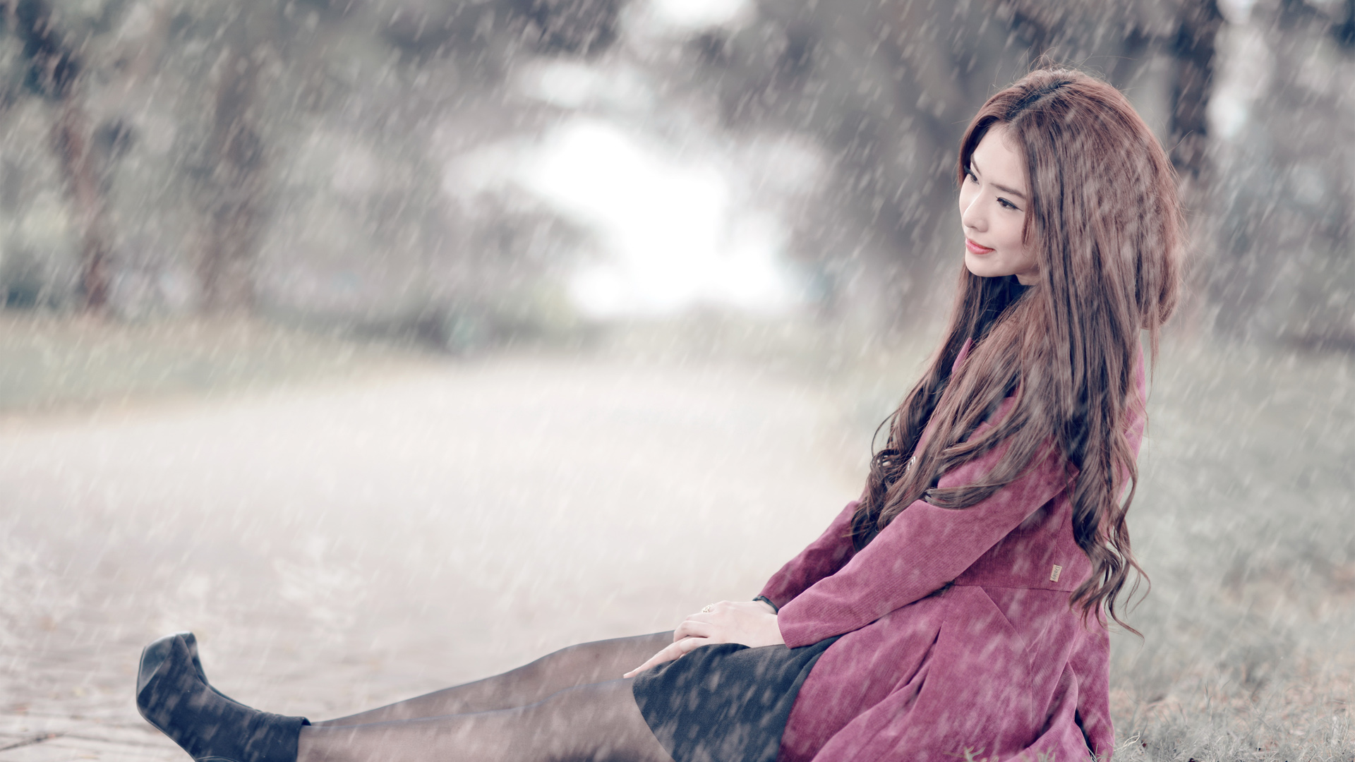 街道,路,女孩,雨,唯美漂亮美女桌面壁纸