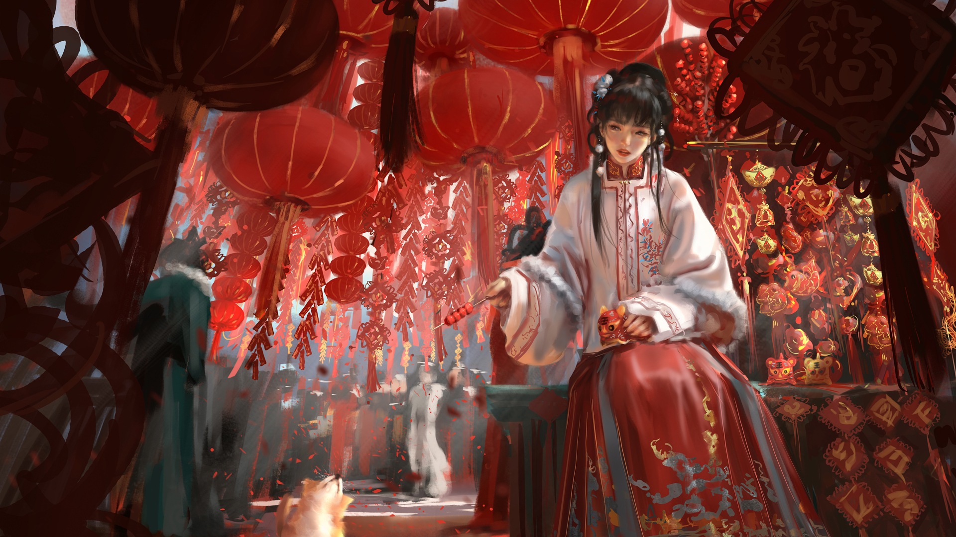 春节 灯笼 女子古装红色裙子 喜庆 中国风 动漫壁纸