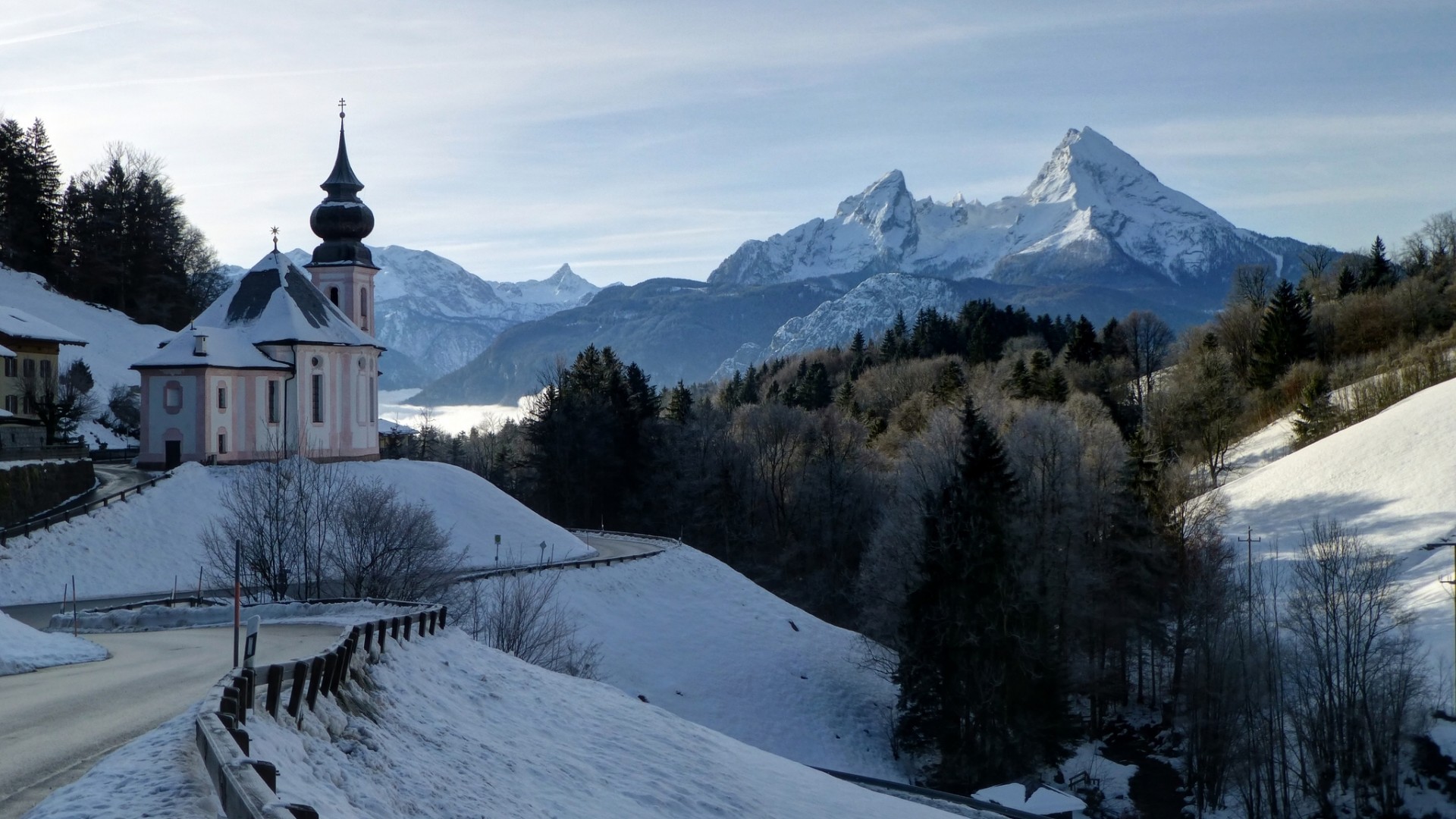 巴伐利亚阿尔卑斯山,玛丽亚教堂,风景桌面壁纸